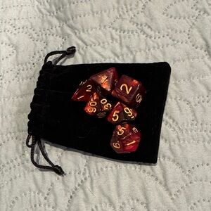 Red and Gold Dice Set with Black Velvet Pouch
